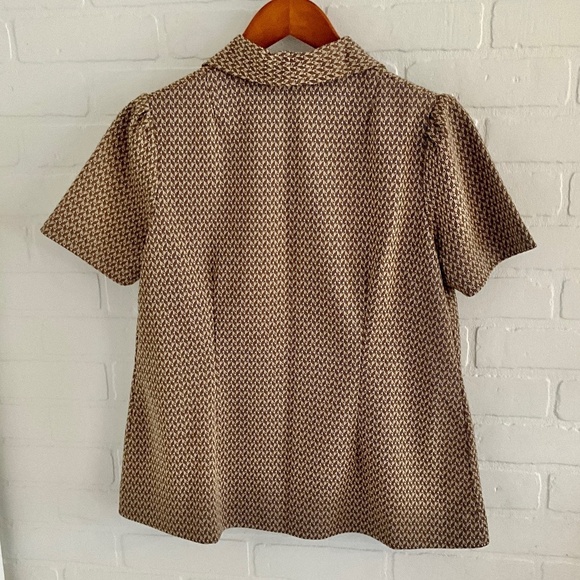 Vintage 1970s Handmade Button down Shirt Mod pleated short sleeve Cream Brown - Picture 9 of 10